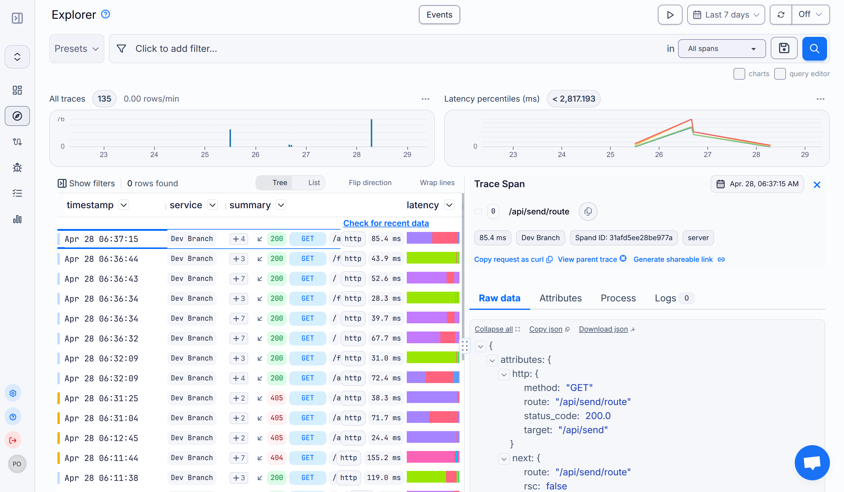 Screenshot of monoscope’s API log explorer page