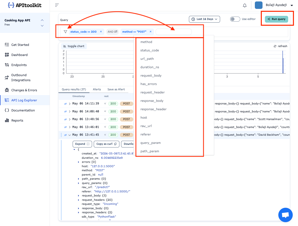 Screenshot of monoscope’s API log explorer page