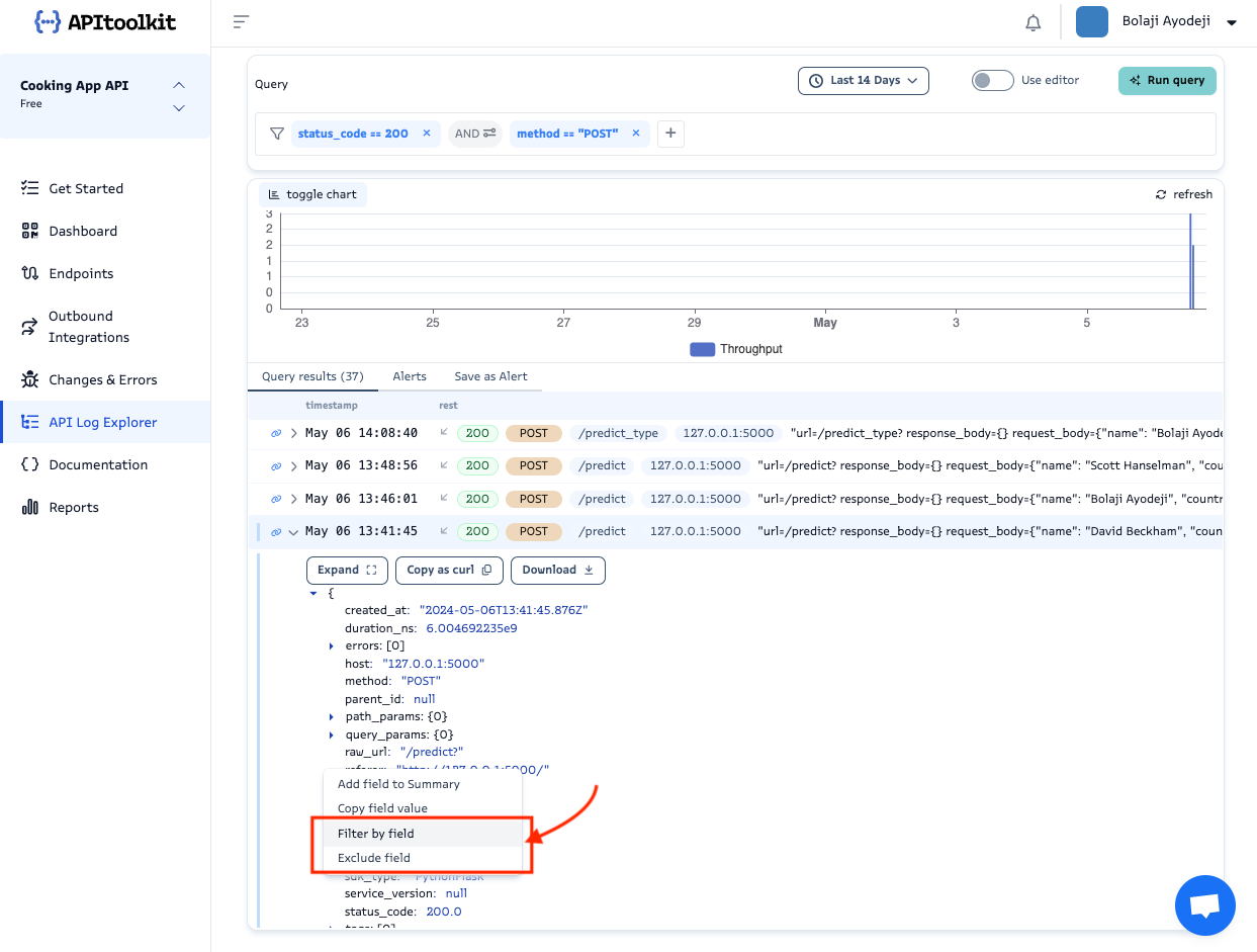 Screenshot of monoscope’s API log explorer page