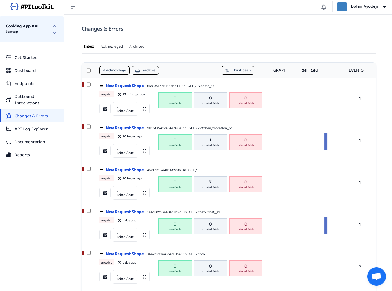 Screenshot of monoscope’s changes & errors page