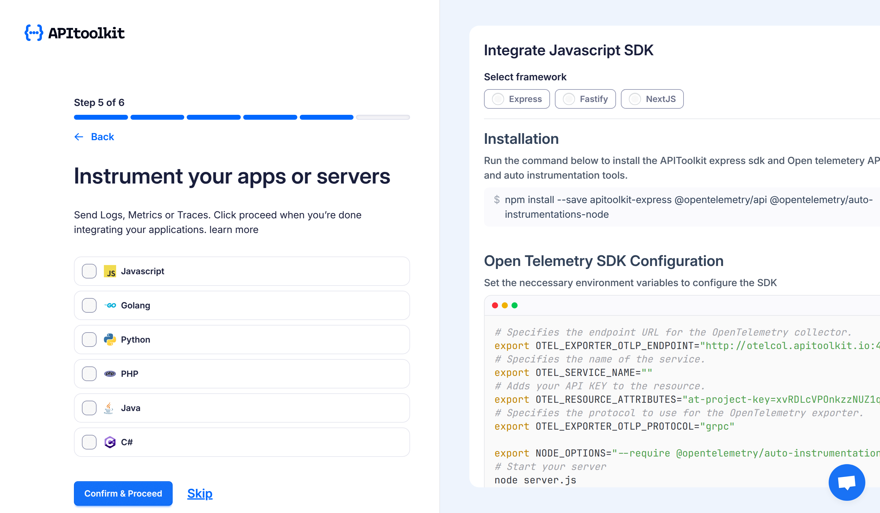 Screenshot of monoscope’s get started page