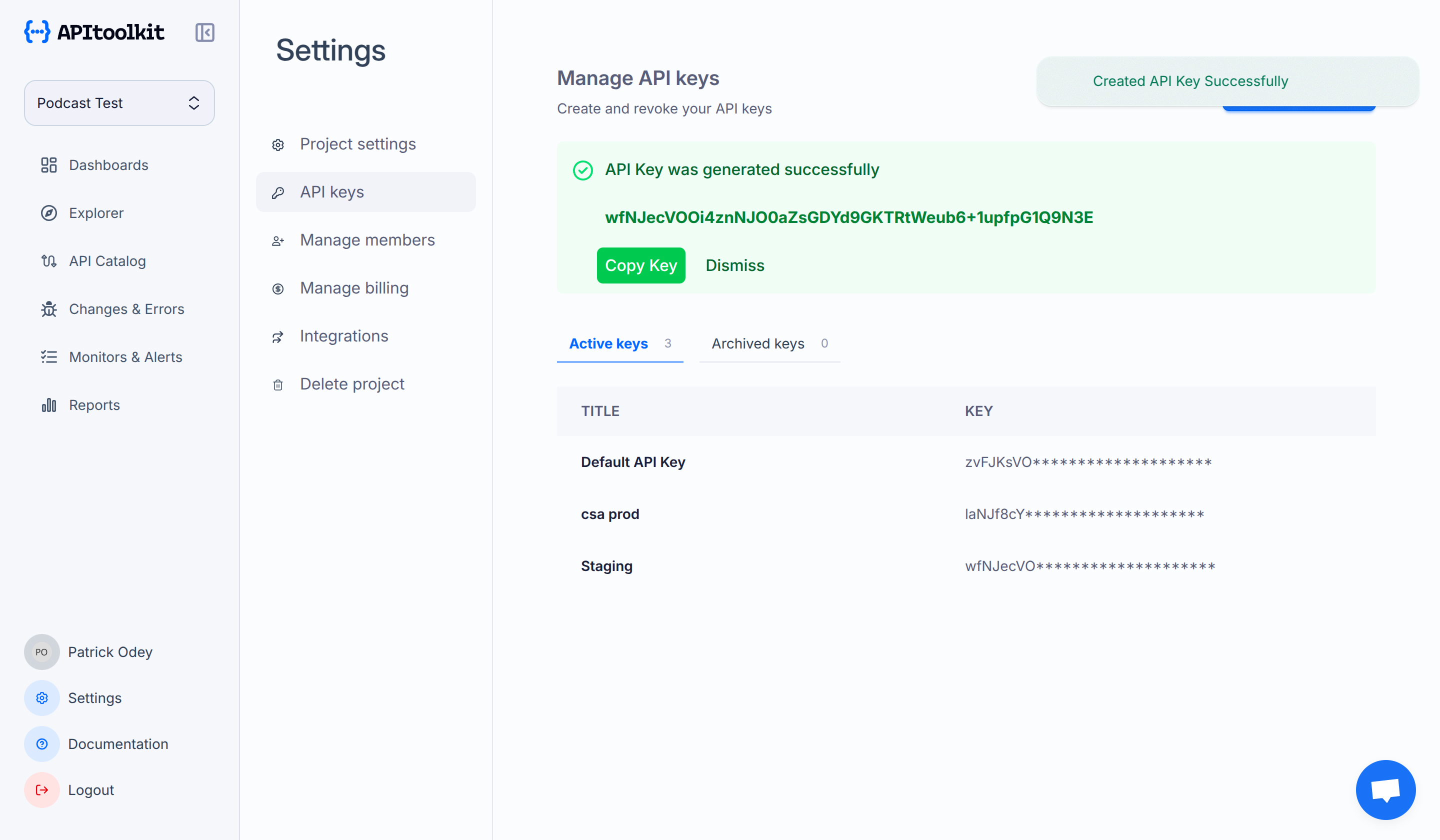 Screenshot of monoscope’s API keys page