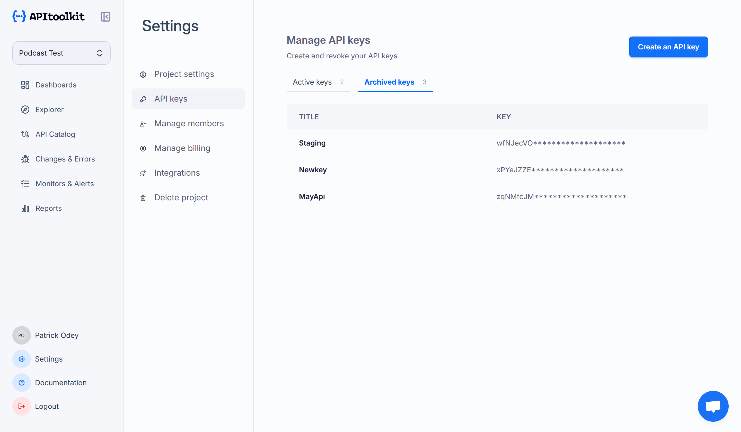 Screenshot of monoscope’s API keys page