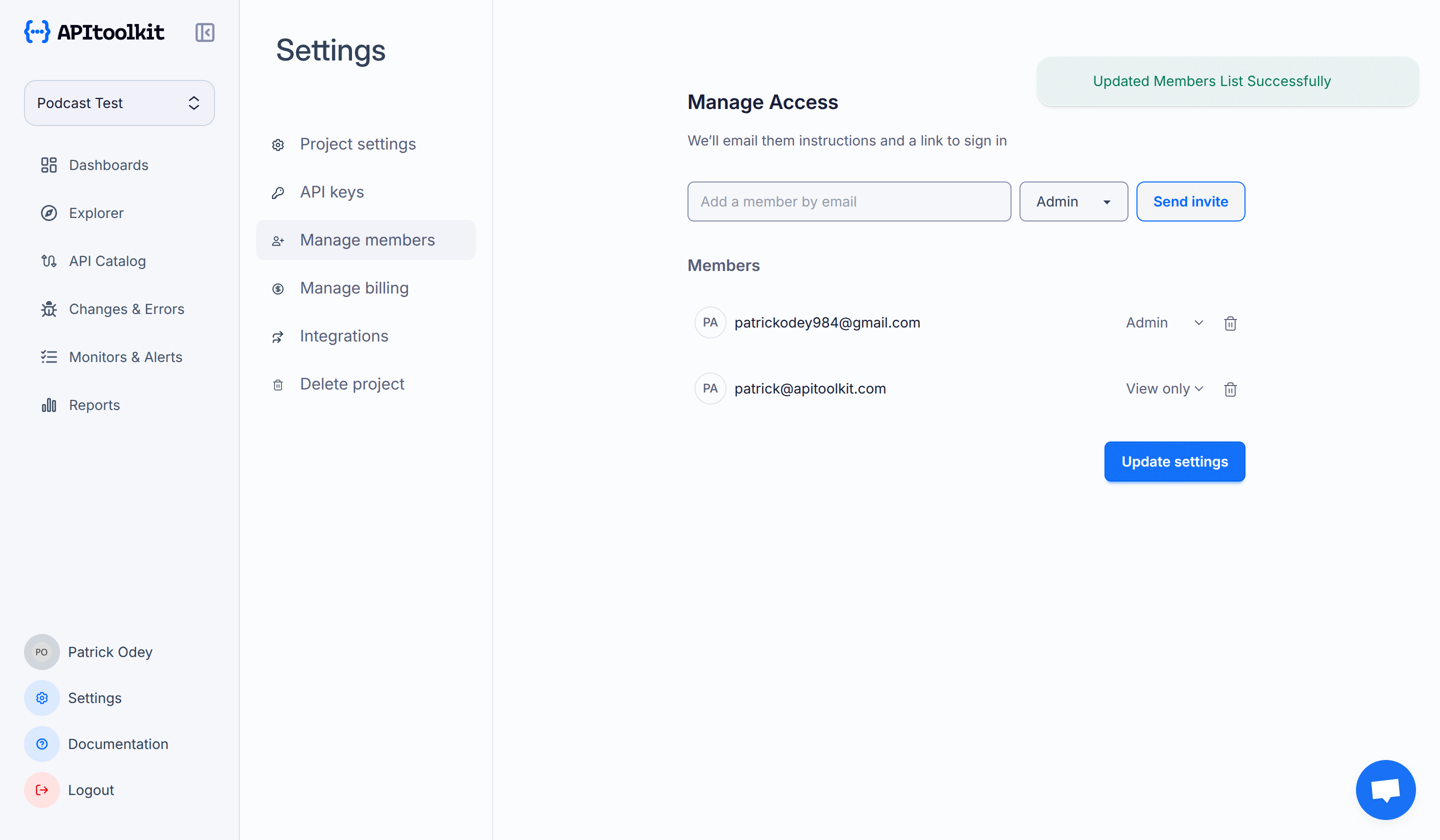 Screenshot of monoscope’s manage members page