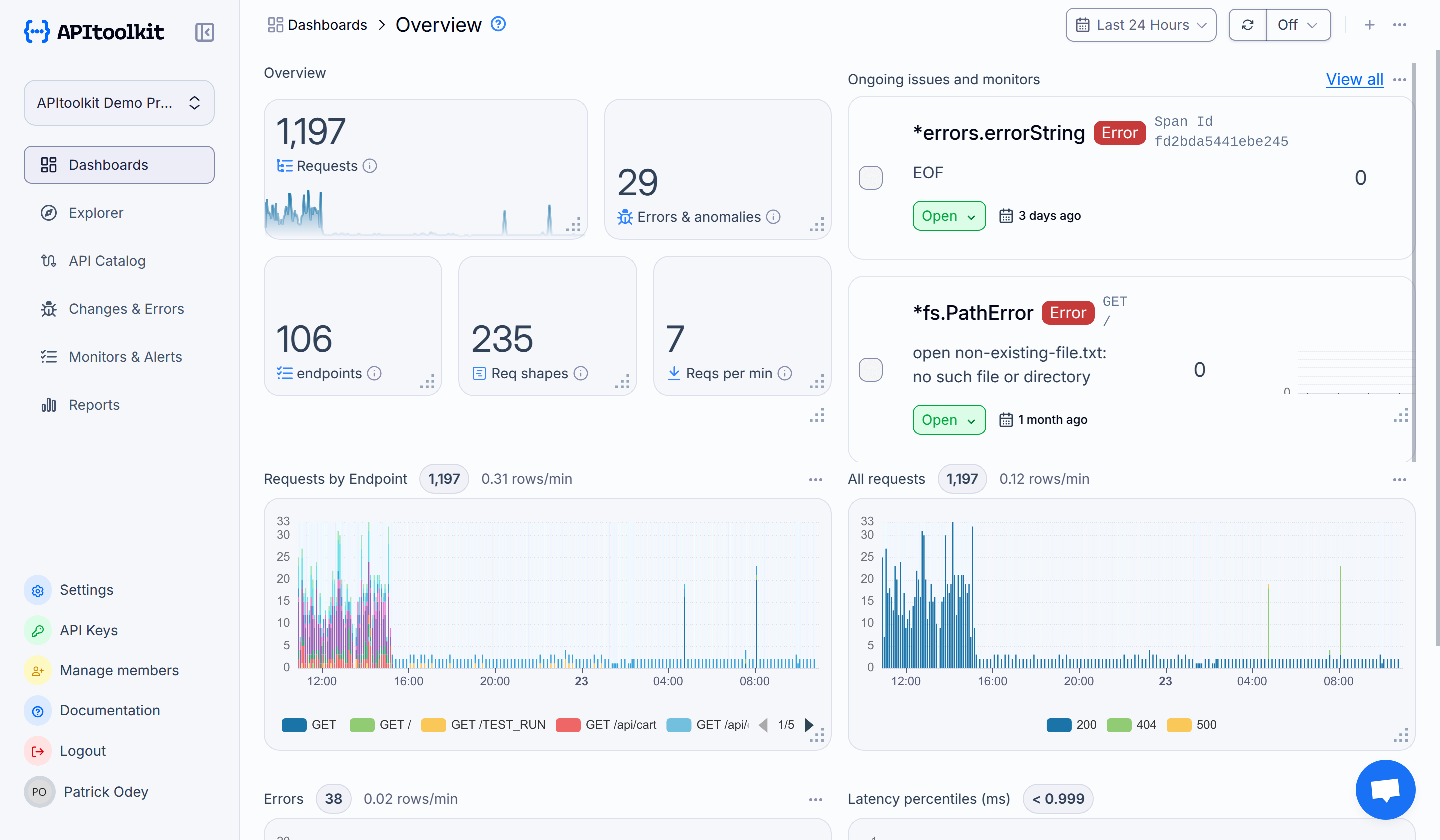 Monoscope dashboard showing detected anomalies